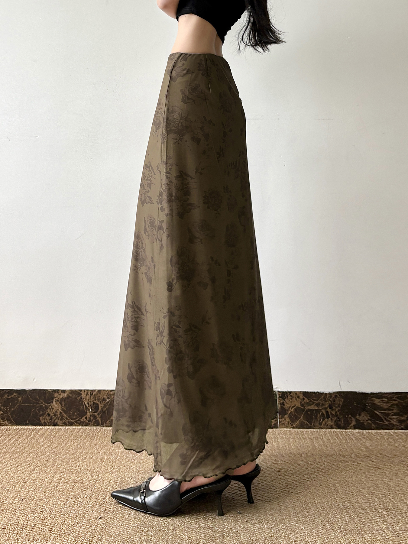 Chinese-Style Retro Floral Printed Brown Midi Skirt for Women, Simple Versatile Tulle A-line Long Skirt, Y2K Fashion Essential Chinese-Style Retro Floral Printed Brown Midi Skirt for Women, Simple Versatile Tulle A-line Long Skirt, Y2K Fashion Essential