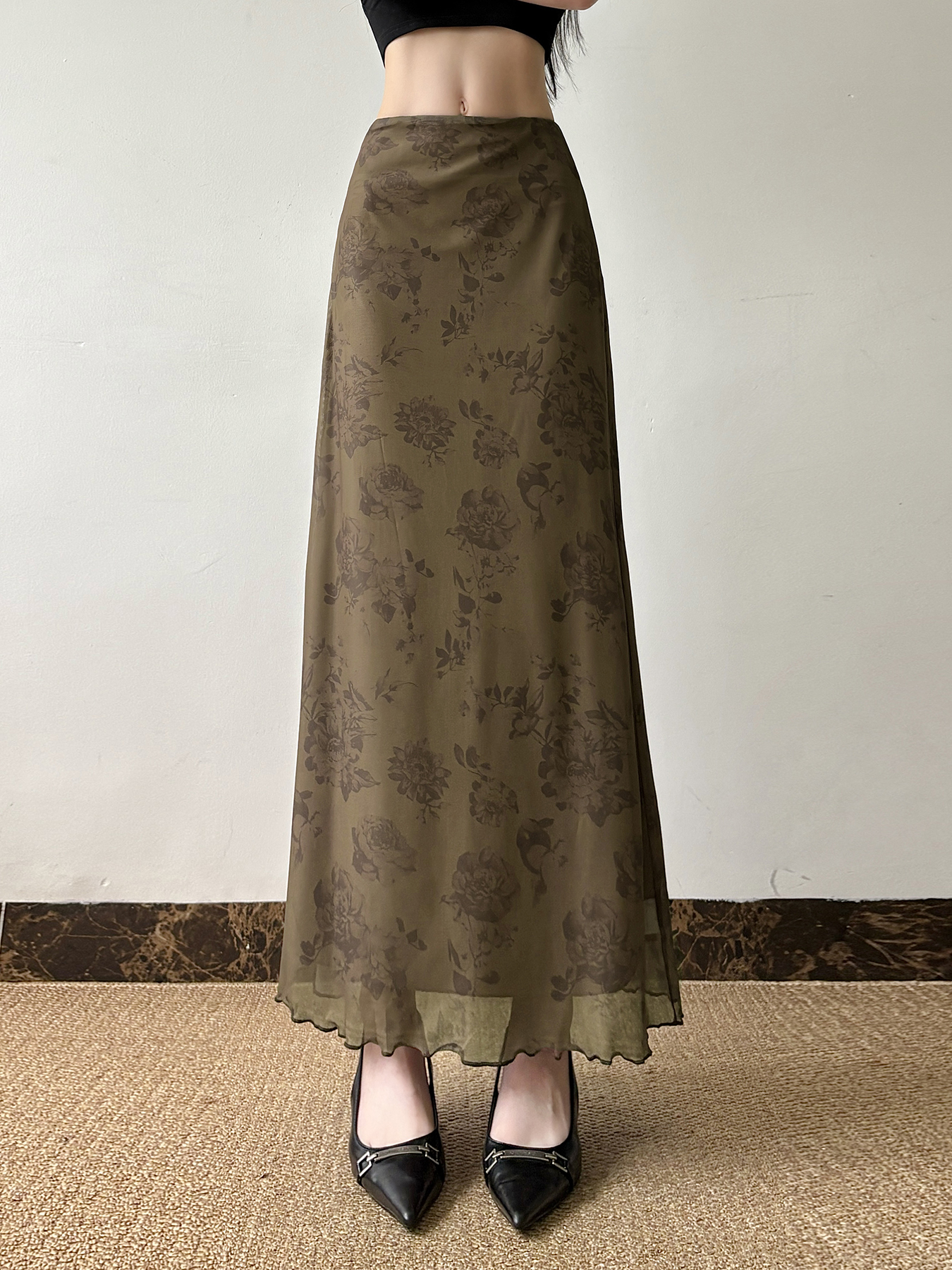 Chinese-Style Retro Floral Printed Brown Midi Skirt for Women, Simple Versatile Tulle A-line Long Skirt, Y2K Fashion Essential