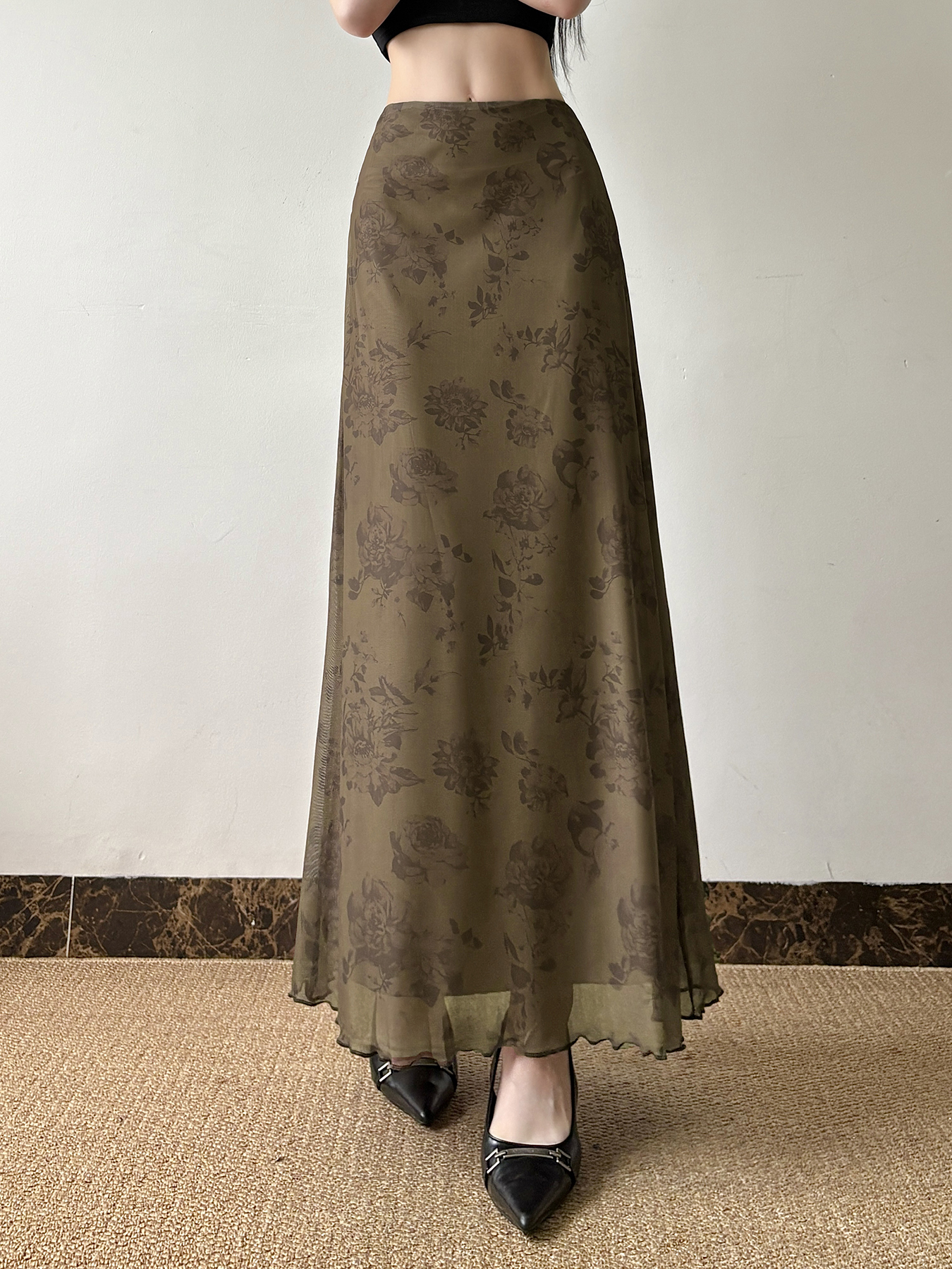 Chinese-Style Retro Floral Printed Brown Midi Skirt for Women, Simple Versatile Tulle A-line Long Skirt, Y2K Fashion Essential Chinese-Style Retro Floral Printed Brown Midi Skirt for Women, Simple Versatile Tulle A-line Long Skirt, Y2K Fashion Essential