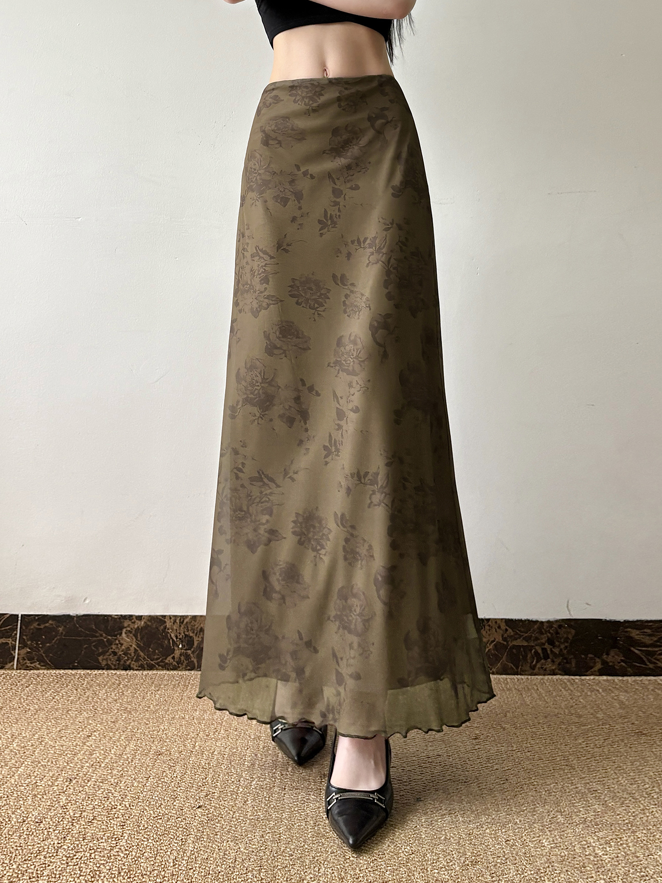 Chinese-Style Retro Floral Printed Brown Midi Skirt for Women, Simple Versatile Tulle A-line Long Skirt, Y2K Fashion Essential Chinese-Style Retro Floral Printed Brown Midi Skirt for Women, Simple Versatile Tulle A-line Long Skirt, Y2K Fashion Essential