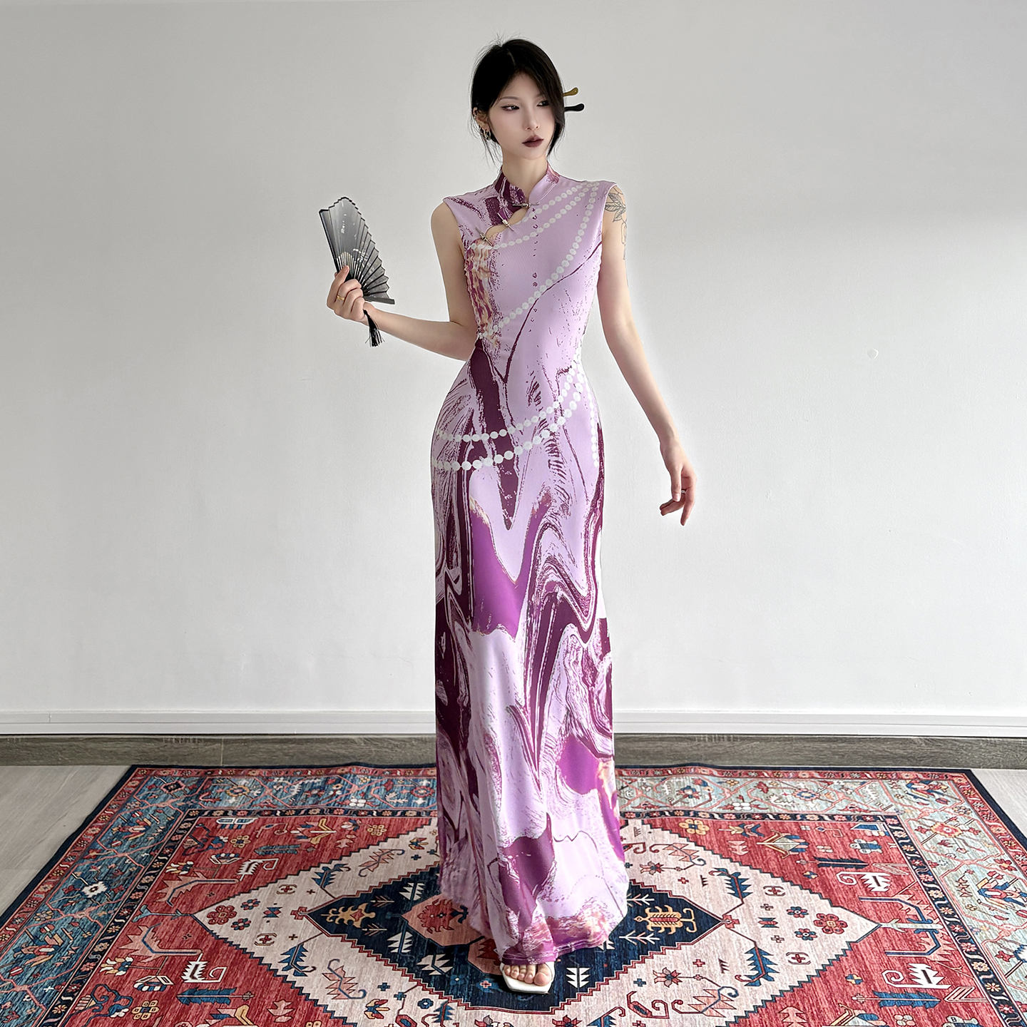 Chinese Style Retro Gradient Beaded Printed Cheongsam Dress - Waist-Defining Slim Fit Vintage Long Dress for Y2K Fashion