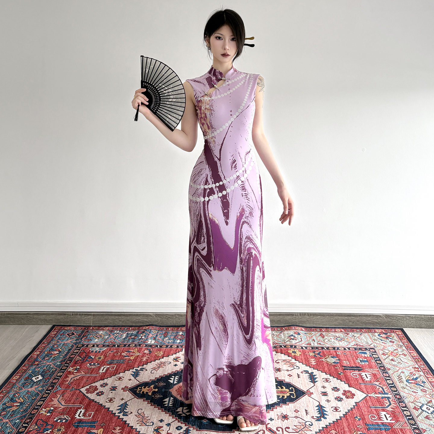 Chinese Style Retro Gradient Beaded Printed Cheongsam Dress - Waist-Defining Slim Fit Vintage Long Dress for Y2K Fashion