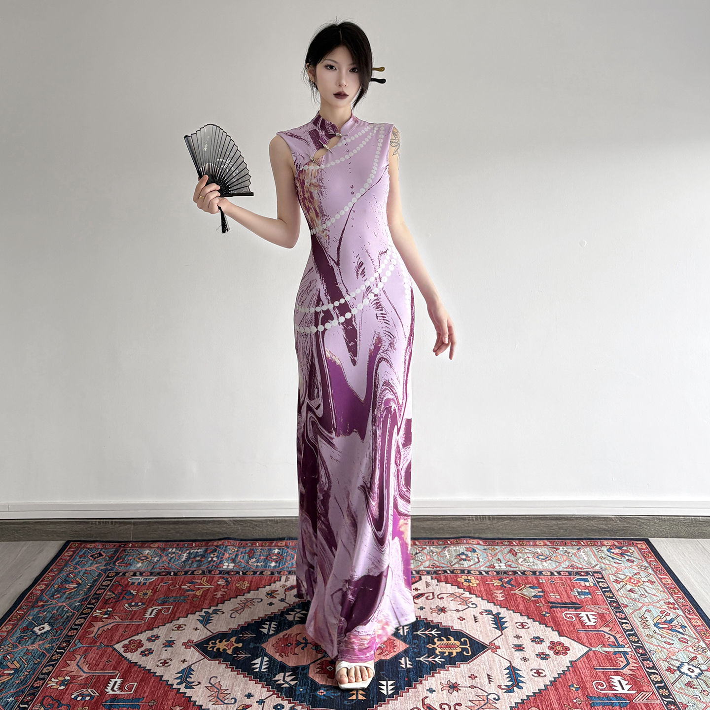 Chinese Style Retro Gradient Beaded Printed Cheongsam Dress - Waist-Defining Slim Fit Vintage Long Dress for Y2K Fashion Chinese Style Retro Gradient Beaded Printed Cheongsam Dress - Waist-Defining Slim Fit Vintage Long Dress for Y2K Fashion