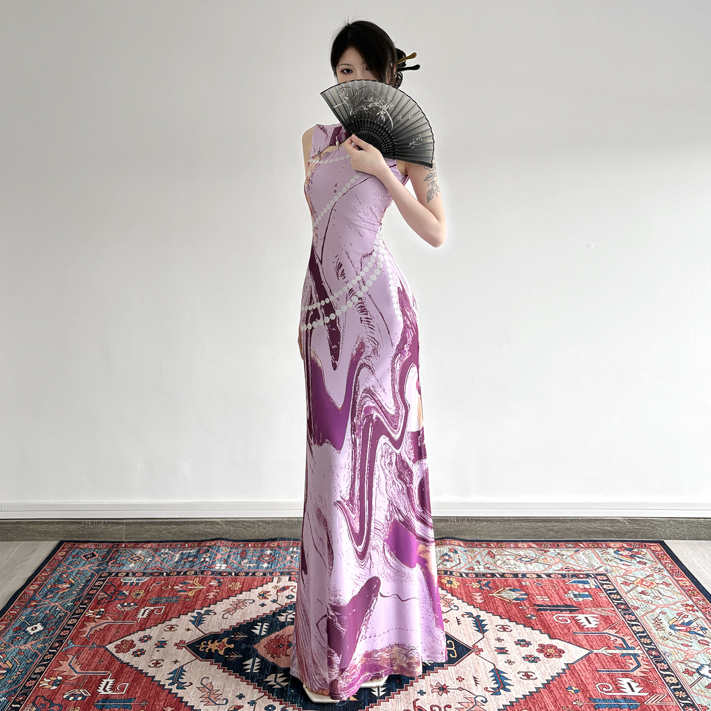 Chinese Style Retro Gradient Beaded Printed Cheongsam Dress - Waist-Defining Slim Fit Vintage Long Dress for Y2K Fashion Chinese Style Retro Gradient Beaded Printed Cheongsam Dress - Waist-Defining Slim Fit Vintage Long Dress for Y2K Fashion