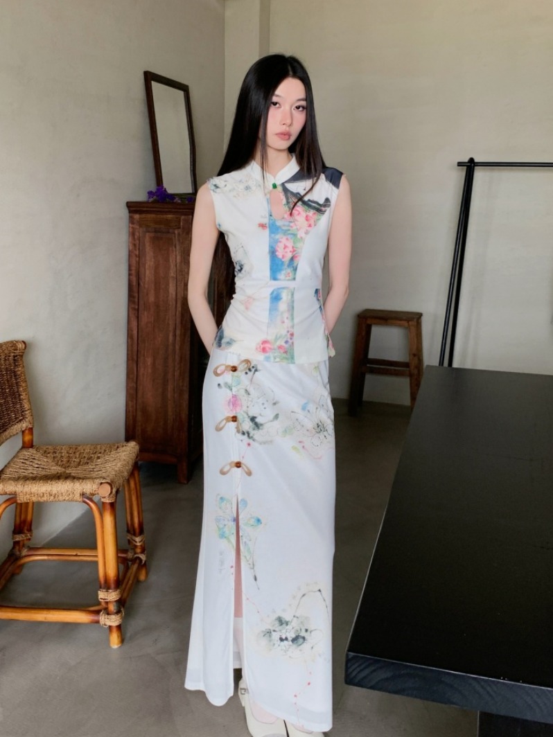 Chinese-Style Retro Mesh Printed Cheongsam Set for Women - Summer Vest Top with Split Skirt - Y2K Fashion