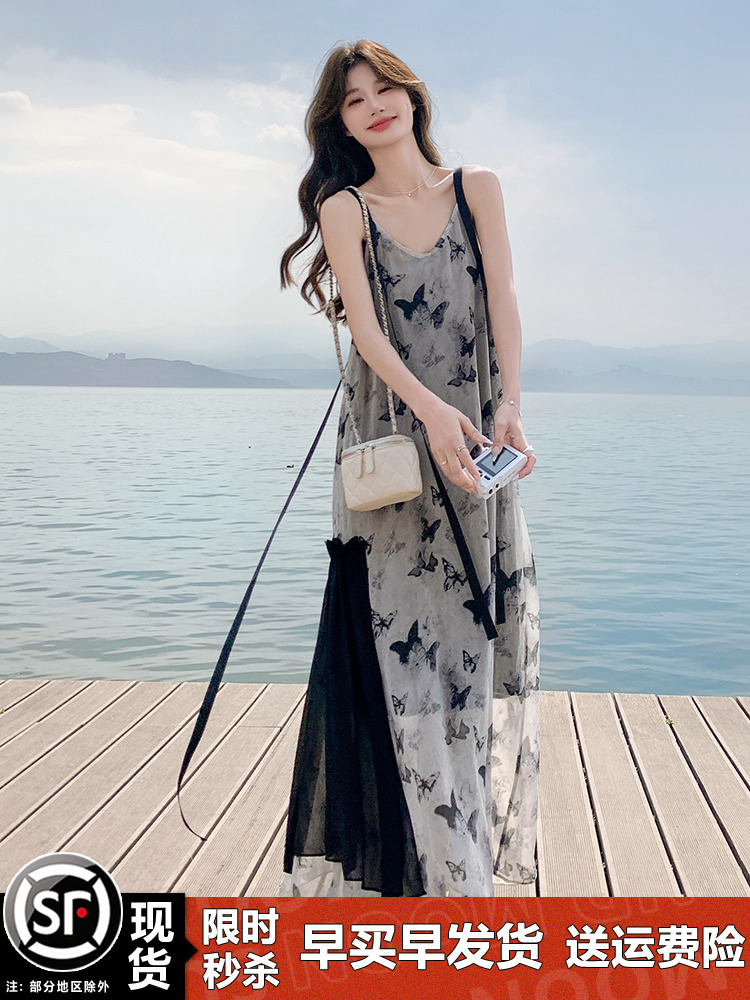 Chinese-Style Spaghetti Strap Chiffon Dress for Women, Unique Fairy-Like Design, Long Seaside Vacation Dress, Boho Aesthetic Chinese-Style Spaghetti Strap Chiffon Dress for Women, Unique Fairy-Like Design, Long Seaside Vacation Dress, Boho Aesthetic