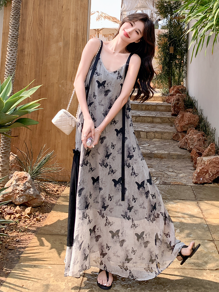 Chinese-Style Spaghetti Strap Chiffon Dress for Women, Unique Fairy-Like Design, Long Seaside Vacation Dress, Boho Aesthetic Chinese-Style Spaghetti Strap Chiffon Dress for Women, Unique Fairy-Like Design, Long Seaside Vacation Dress, Boho Aesthetic