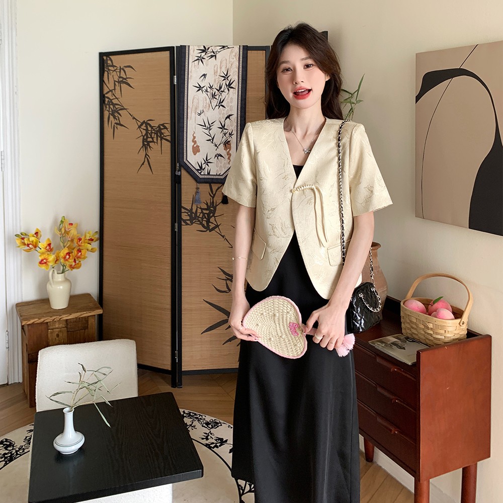 Chinese-Style Spaghetti Strap Dress and Suit Two-Piece Set, Trendy Long Skirt, Elegant National Wind Fashion 2025 Chinese-Style Spaghetti Strap Dress and Suit Two-Piece Set, Trendy Long Skirt, Elegant National Wind Fashion 2025