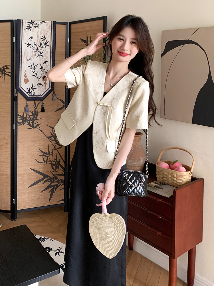 Chinese-Style Spaghetti Strap Dress and Suit Two-Piece Set, Trendy Long Skirt, Elegant National Wind Fashion 2025