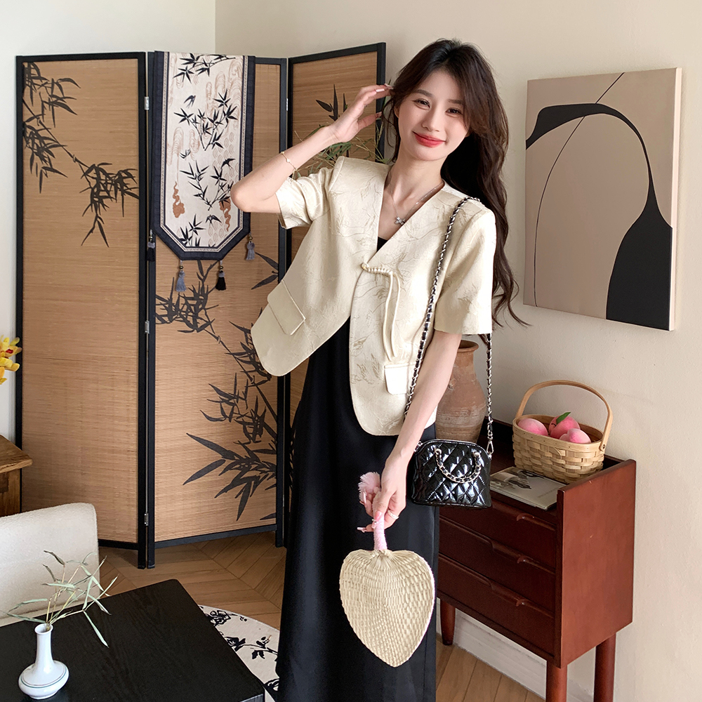 Chinese-Style Spaghetti Strap Dress and Suit Two-Piece Set, Trendy Long Skirt, Elegant National Wind Fashion 2025