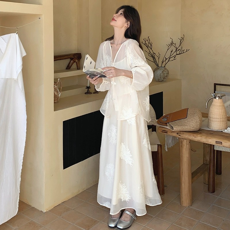 Chinese-Style White Dress for Women, Zen Fairy Long Skirt Three-Piece Set, Spring Summer 2025, Boho Chic National Wind Fashion Chinese-Style White Dress for Women, Zen Fairy Long Skirt Three-Piece Set, Spring Summer 2025, Boho Chic National Wind Fashion