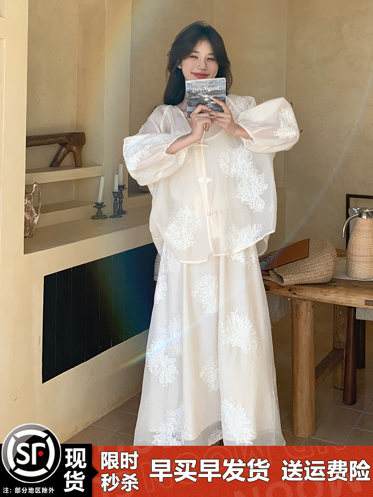 Chinese-Style White Dress for Women, Zen Fairy Long Skirt Three-Piece Set, Spring Summer 2025, Boho Chic National Wind Fashion Chinese-Style White Dress for Women, Zen Fairy Long Skirt Three-Piece Set, Spring Summer 2025, Boho Chic National Wind Fashion