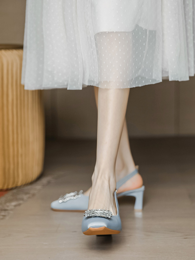 Chunky Heel Backless Open-Toe Sandals for Women, Water Drill Buckle Design, Summer 2025 French Style, Trendy Internet Celebrity Look Chunky Heel Backless Open-Toe Sandals for Women, Water Drill Buckle Design, Summer 2025 French Style, Trendy Internet Celebrity Look