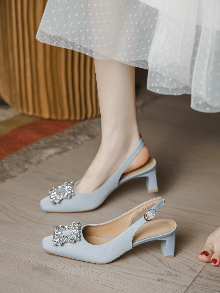 Chunky Heel Backless Open-Toe Sandals for Women, Water Drill Buckle Design, Summer 2025 French Style, Trendy Internet Celebrity Look