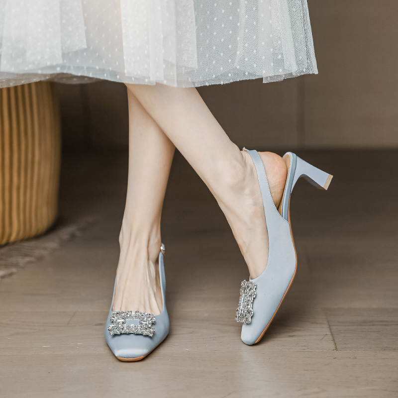 Chunky Heel Backless Open-Toe Sandals for Women, Water Drill Buckle Design, Summer 2025 French Style, Trendy Internet Celebrity Look