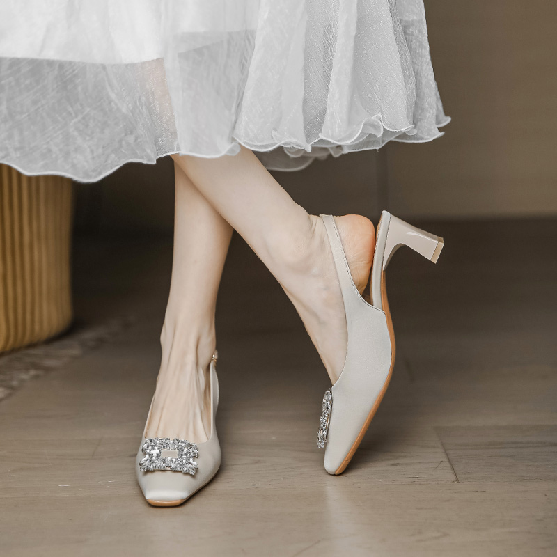 Chunky Heel Backless Open-Toe Sandals for Women, Water Drill Buckle Design, Summer 2025 French Style, Trendy Internet Celebrity Look Chunky Heel Backless Open-Toe Sandals for Women, Water Drill Buckle Design, Summer 2025 French Style, Trendy Internet Celebrity Look