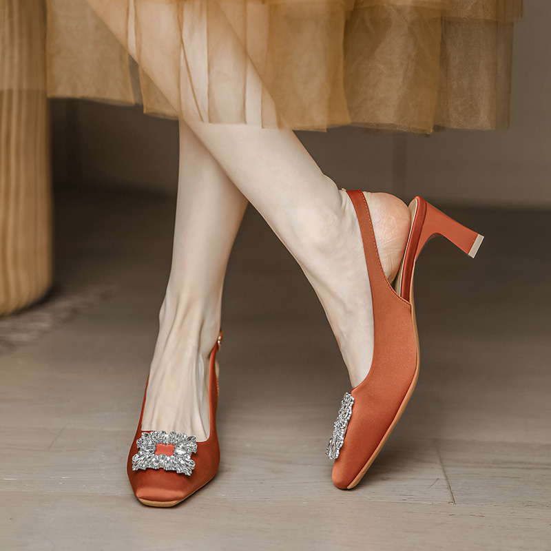 Chunky Heel Backless Open-Toe Sandals for Women, Water Drill Buckle Design, Summer 2025 French Style, Trendy Internet Celebrity Look Chunky Heel Backless Open-Toe Sandals for Women, Water Drill Buckle Design, Summer 2025 French Style, Trendy Internet Celebrity Look