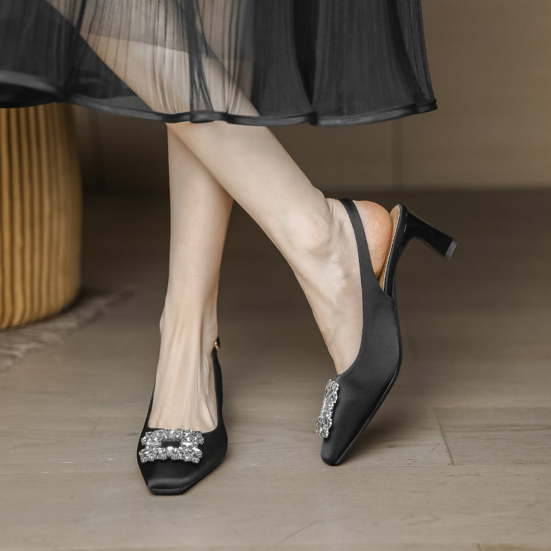 Chunky Heel Backless Open-Toe Sandals for Women, Water Drill Buckle Design, Summer 2025 French Style, Trendy Internet Celebrity Look Chunky Heel Backless Open-Toe Sandals for Women, Water Drill Buckle Design, Summer 2025 French Style, Trendy Internet Celebrity Look