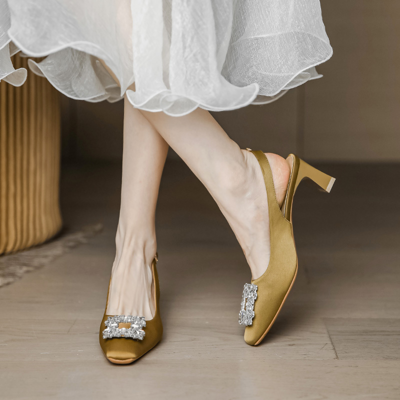 Chunky Heel Backless Open-Toe Sandals for Women, Water Drill Buckle Design, Summer 2025 French Style, Trendy Internet Celebrity Look Chunky Heel Backless Open-Toe Sandals for Women, Water Drill Buckle Design, Summer 2025 French Style, Trendy Internet Celebrity Look