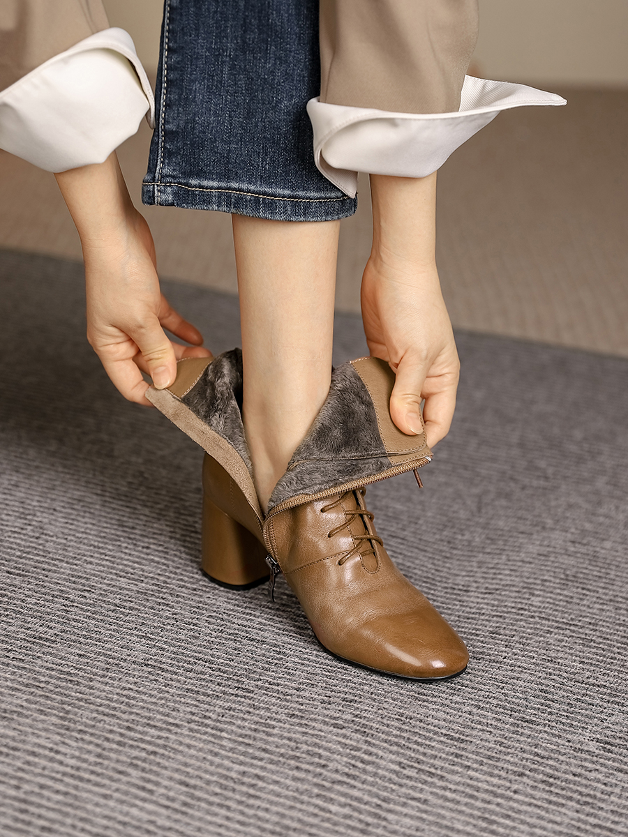 Chunky Heel Lace-Up Martin Boots for Women - Genuine Leather Round Toe Short Boots - Autumn Winter Fleece Lined 2025 Fashion Chunky Heel Lace-Up Martin Boots for Women - Genuine Leather Round Toe Short Boots - Autumn Winter Fleece Lined 2025 Fashion