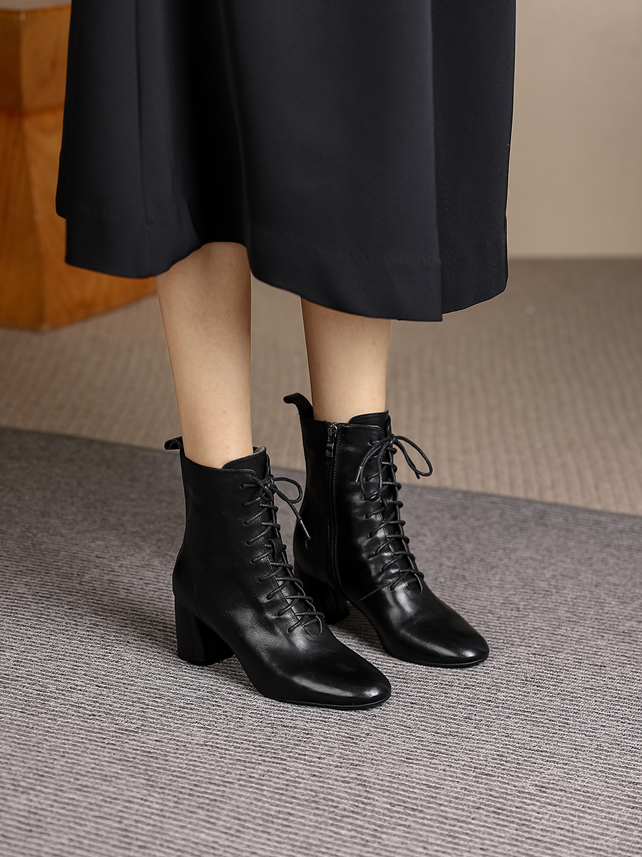 Chunky Heel Lace-Up Martin Boots for Women - Genuine Leather Round Toe Short Boots - Autumn Winter Fleece Lined 2025 Fashion Chunky Heel Lace-Up Martin Boots for Women - Genuine Leather Round Toe Short Boots - Autumn Winter Fleece Lined 2025 Fashion