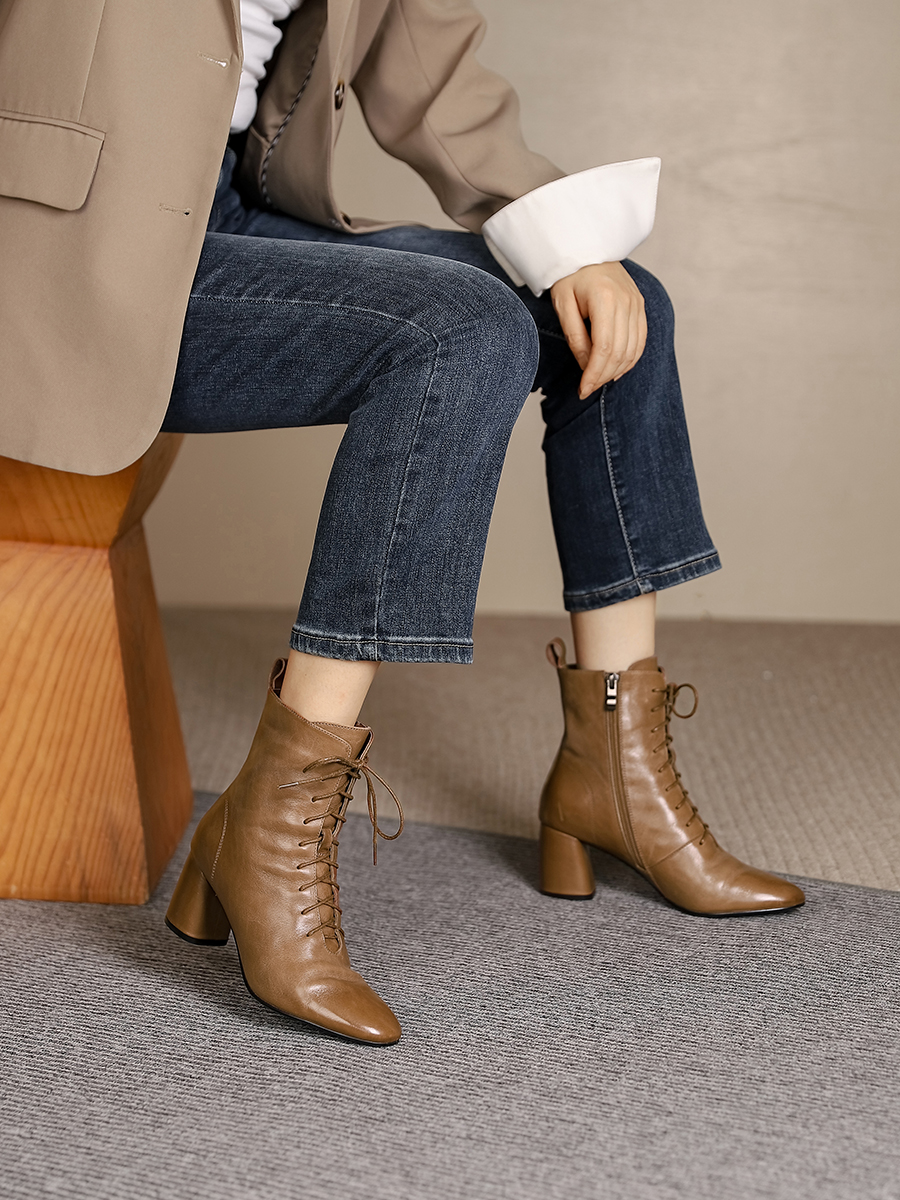 Chunky Heel Lace-Up Martin Boots for Women - Genuine Leather Round Toe Short Boots - Autumn Winter Fleece Lined 2025 Fashion