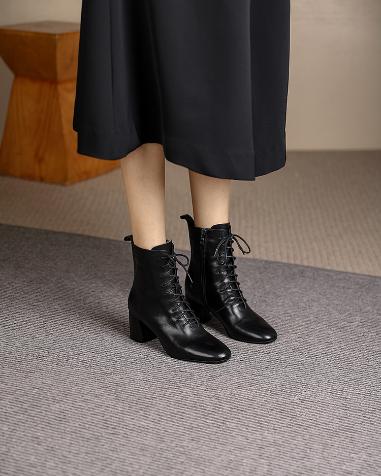 Chunky Heel Lace-Up Martin Boots for Women - Genuine Leather Round Toe Short Boots - Autumn Winter Fleece Lined 2025 Fashion