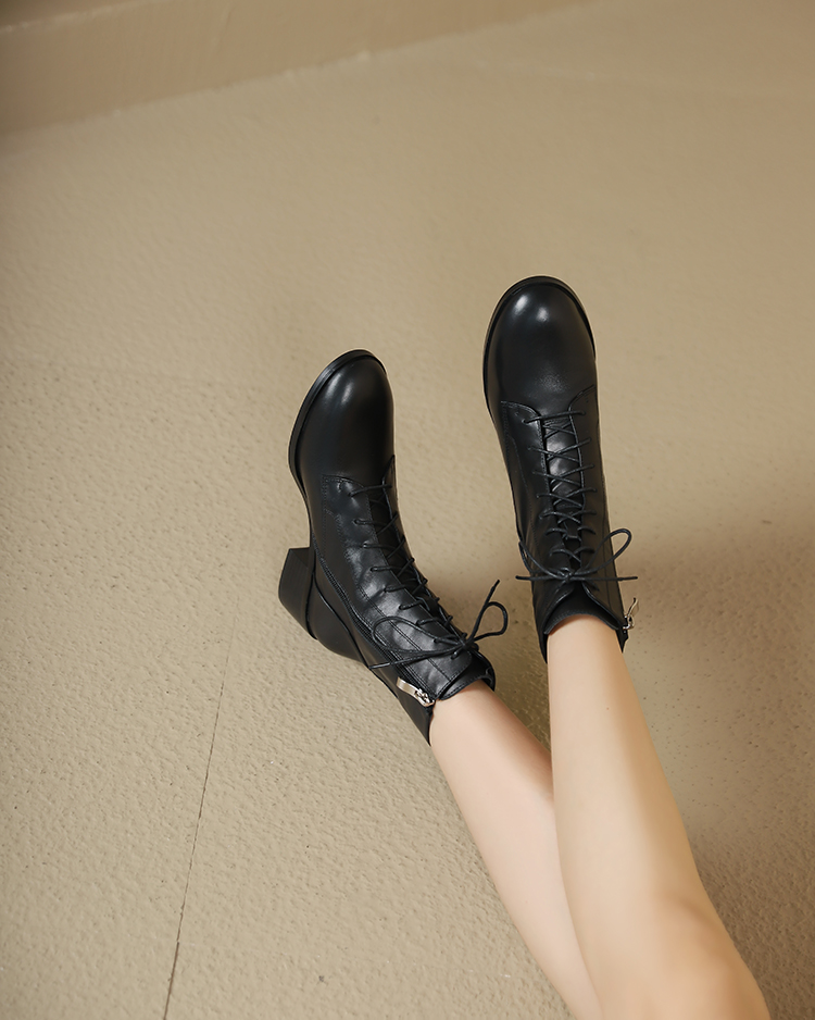 Chunky Heel Lace-Up Short Boots for Women - Genuine Leather Round Toe Mid Heel Martin Knight Boots for Autumn Winter Fashion