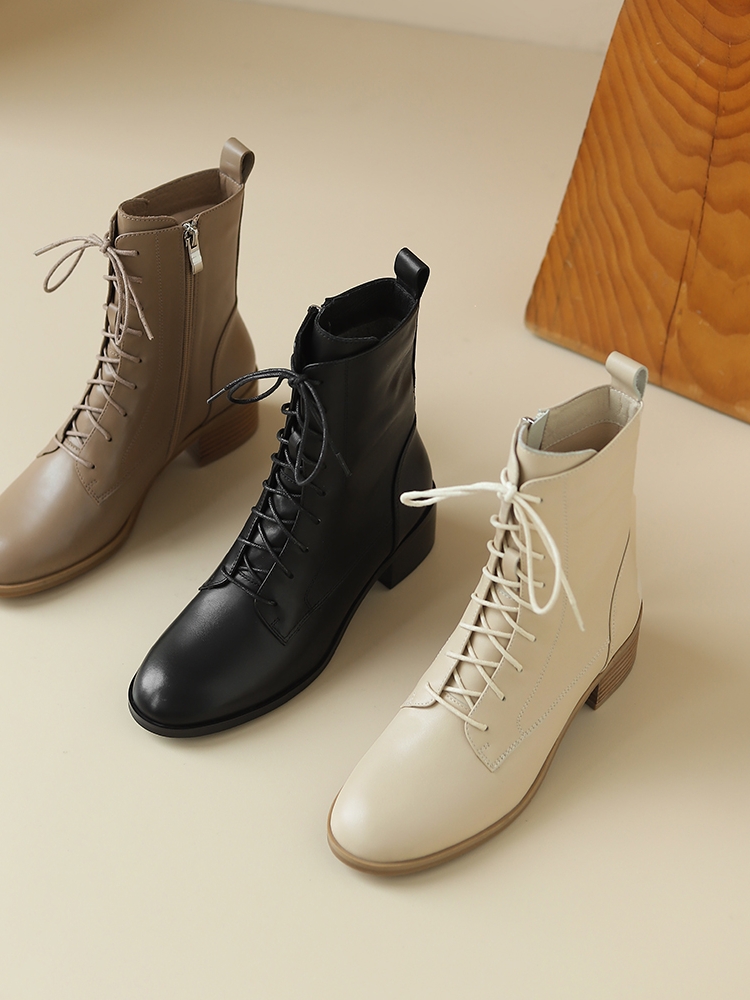 Chunky Heel Lace-Up Short Boots for Women - Genuine Leather Round Toe Mid Heel Martin Knight Boots for Autumn Winter Fashion Chunky Heel Lace-Up Short Boots for Women - Genuine Leather Round Toe Mid Heel Martin Knight Boots for Autumn Winter Fashion