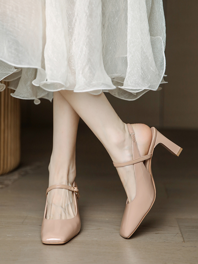 Chunky Heel Mary Jane Sandals for Women, Open-Back Square Toe, Nude Pink, Minimalist Summer Style, 2025 Trendy Fashion Footwear Chunky Heel Mary Jane Sandals for Women, Open-Back Square Toe, Nude Pink, Minimalist Summer Style, 2025 Trendy Fashion Footwear