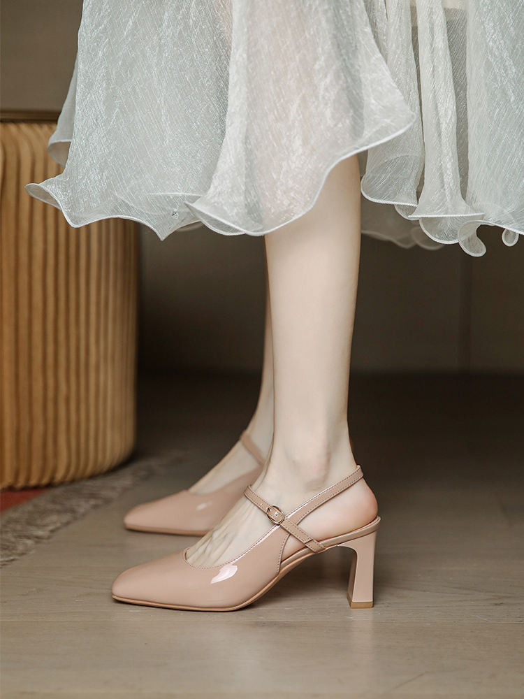 Chunky Heel Mary Jane Sandals for Women, Open-Back Square Toe, Nude Pink, Minimalist Summer Style, 2025 Trendy Fashion Footwear