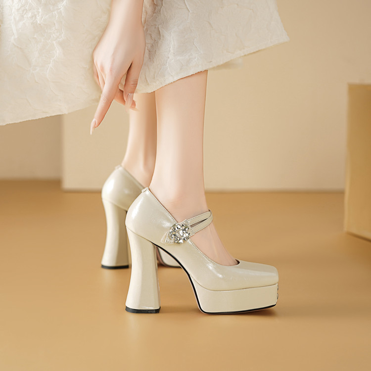 Chunky Heel Mary Jane Shoes for Women - Rhinestone Square Toe High Heels - Trendy Spring Autumn Flats to Match with Skirts Chunky Heel Mary Jane Shoes for Women - Rhinestone Square Toe High Heels - Trendy Spring Autumn Flats to Match with Skirts