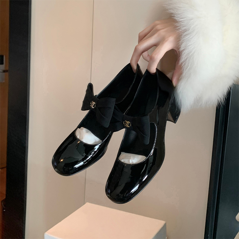 Chunky Heel Mary Jane Shoes in Genuine Leather, French Retro Bow Design, 2025 Autumn/Winter Style, Chic High-Heeled Flats
