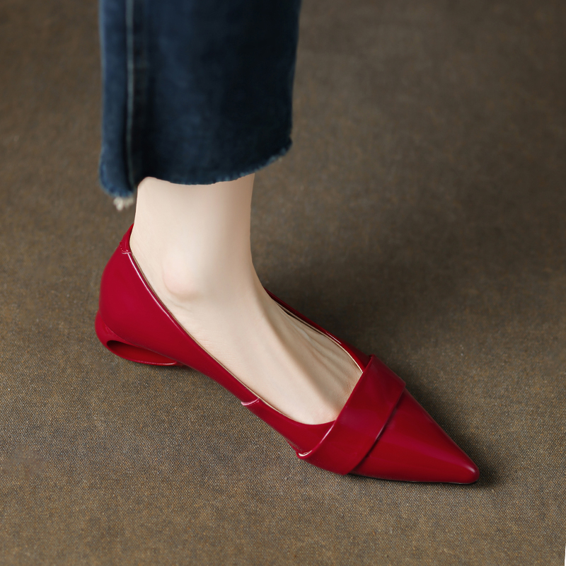 Chunky Heel Pointed Toe Hollow Design Genuine Leather Women's Shoes - French Grandma Style, Vintage Inspired, Niche Fashion