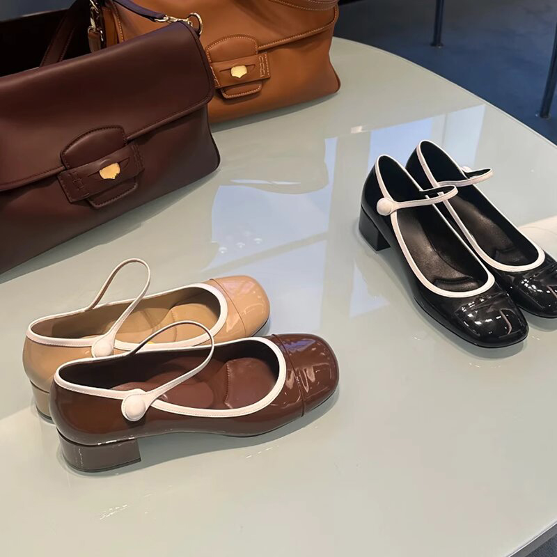 Chunky-Heeled Genuine Leather Mary Jane Shoes for Women - French Style, Shallow Mouth, One-Strap Design, Mid-Heel Flats for Autumn & Winter