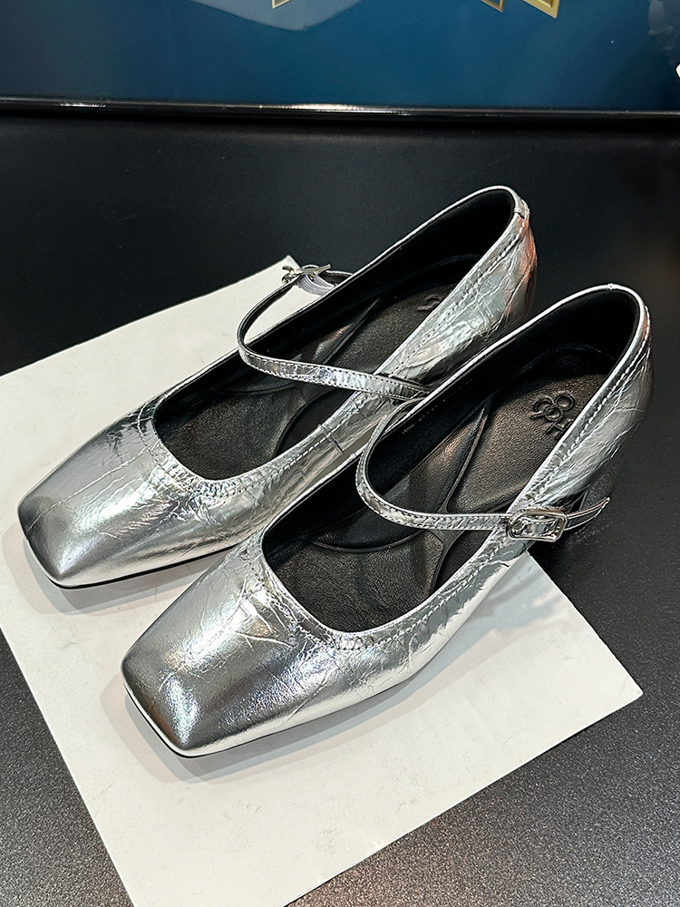 Chunky-Heeled Square-Toe Mary Jane Shoes, Genuine Leather, Glossy Finish, Versatile One-Strap Design for Women's Y2K Style