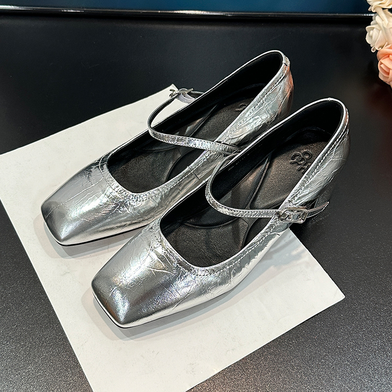 Chunky-Heeled Square-Toe Mary Jane Shoes, Genuine Leather, Glossy Finish, Versatile One-Strap Design for Women's Y2K Style