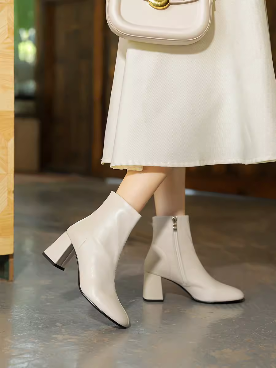 Chunky High-Heeled Slim Boots for Women, Genuine Leather Round-Toe Sock Ankle Boots, Versatile Fashion Footwear Chunky High-Heeled Slim Boots for Women, Genuine Leather Round-Toe Sock Ankle Boots, Versatile Fashion Footwear