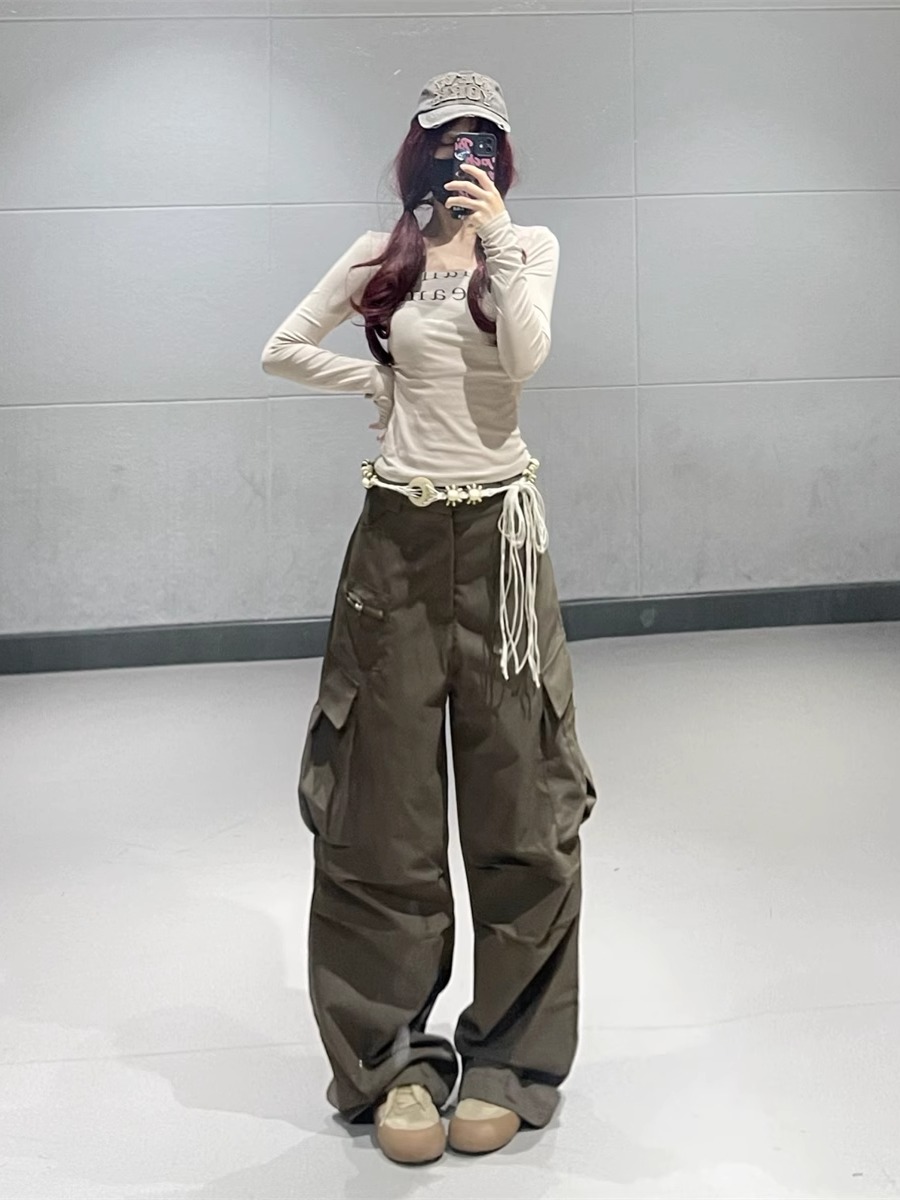 Coffee Color Pleated Wide-Leg Work Pants for Women - Vintage Multi-Pocket Jazz Dance Style, Thin Fabric, American 90s Fashion
