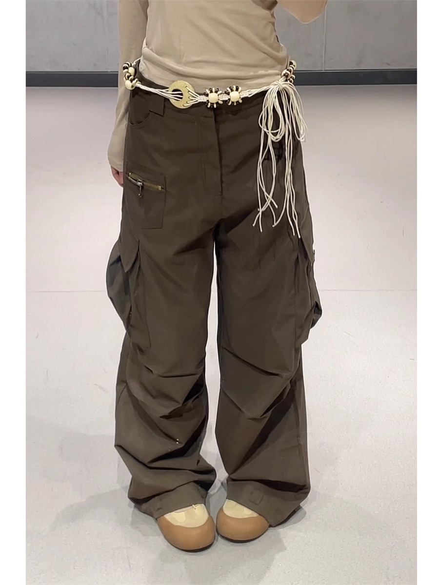 Coffee Color Pleated Wide-Leg Work Pants for Women - Vintage Multi-Pocket Jazz Dance Style, Thin Fabric, American 90s Fashion