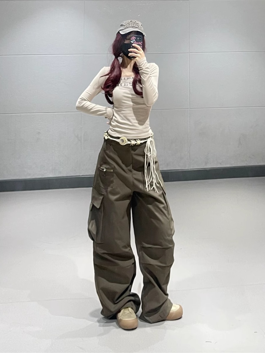 Coffee Color Pleated Wide-Leg Work Pants for Women - Vintage Multi-Pocket Jazz Dance Style, Thin Fabric, American 90s Fashion