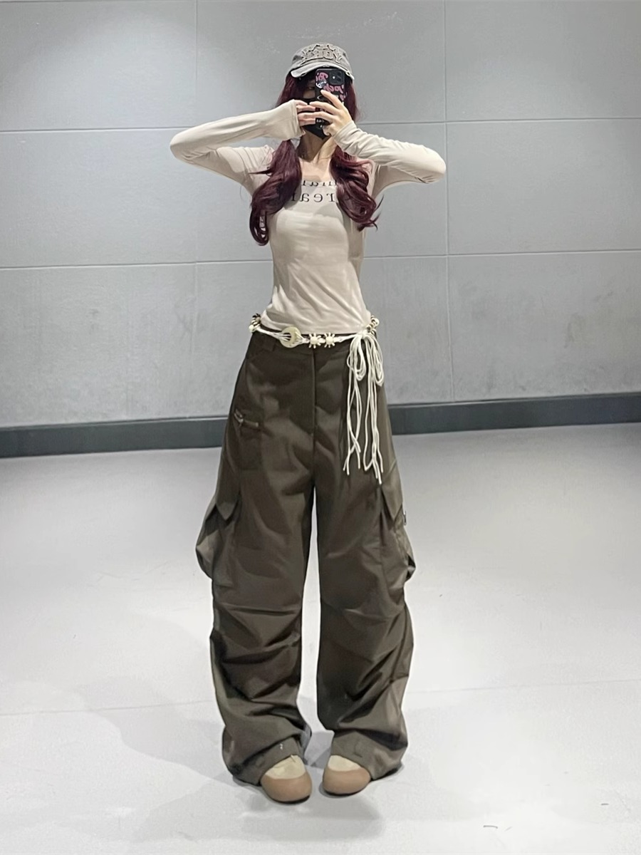 Coffee Color Pleated Wide-Leg Work Pants for Women - Vintage Multi-Pocket Jazz Dance Style, Thin Fabric, American 90s Fashion