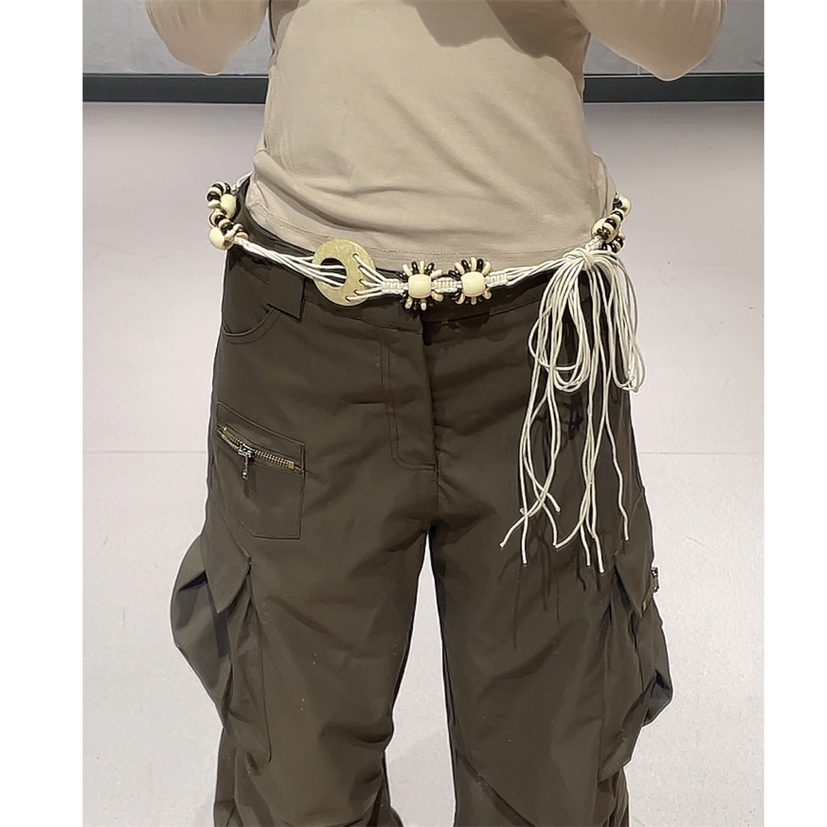 Coffee Color Pleated Wide-Leg Work Pants for Women - Vintage Multi-Pocket Jazz Dance Style, Thin Fabric, American 90s Fashion