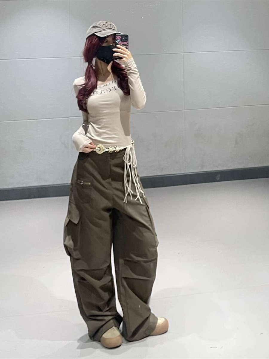 Coffee Color Pleated Wide-Leg Work Pants for Women - Vintage Multi-Pocket Jazz Dance Style, Thin Fabric, American 90s Fashion