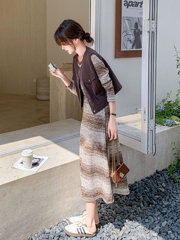Coffee-Colored Knitted Dress and Vest Set for Spring and Autumn - Casual Long Skirt Outfit