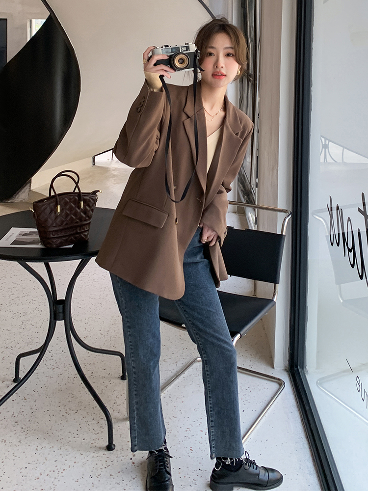 Coffee-Colored Korean-Style Loose Blazer Jacket for Women - Trendy Spring 2025 Fashion Suit Top for Autumn and Spring Wear