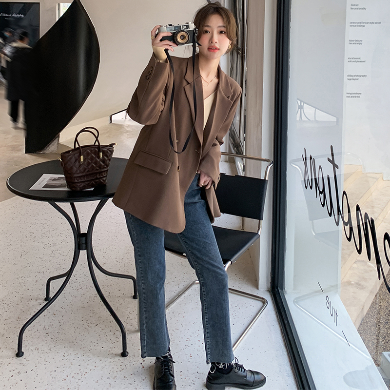 Coffee-Colored Korean-Style Loose Blazer Jacket for Women - Trendy Spring 2025 Fashion Suit Top for Autumn and Spring Wear