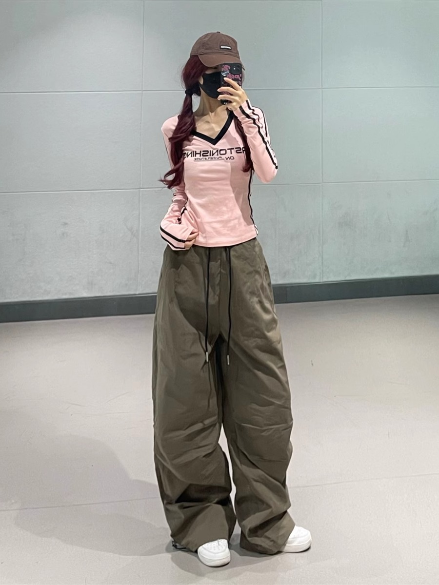 Coffee-Colored Vintage Cargo Pants for Women - Hip-Hop Jazz Street Dance Parachute Style Casual Long Trousers