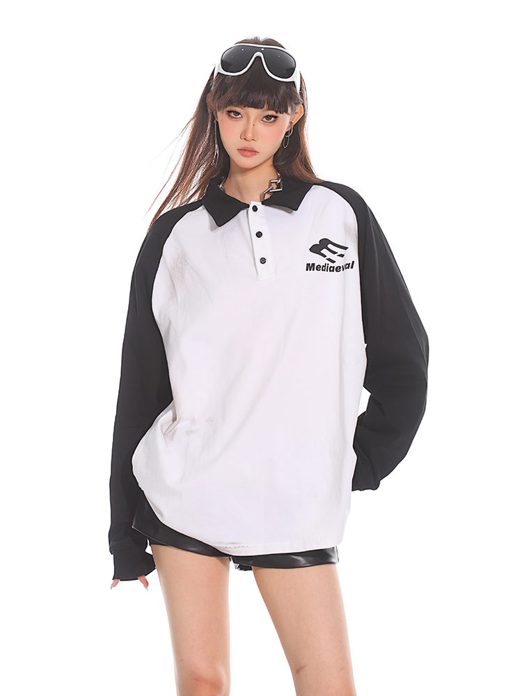 Color Block Black and White Vintage Polo Long Sleeve Sweatshirt for Women - 2025 New Style, Sports Inspired, Casual Fashion