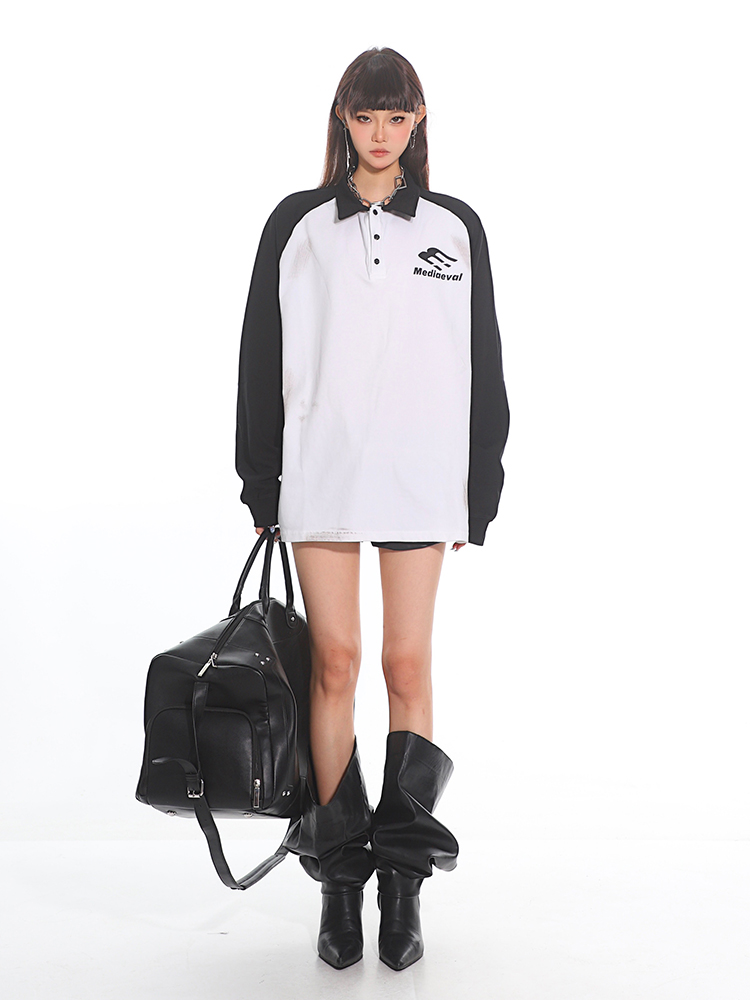 Color Block Black and White Vintage Polo Long Sleeve Sweatshirt for Women - 2025 New Style, Sports Inspired, Casual Fashion